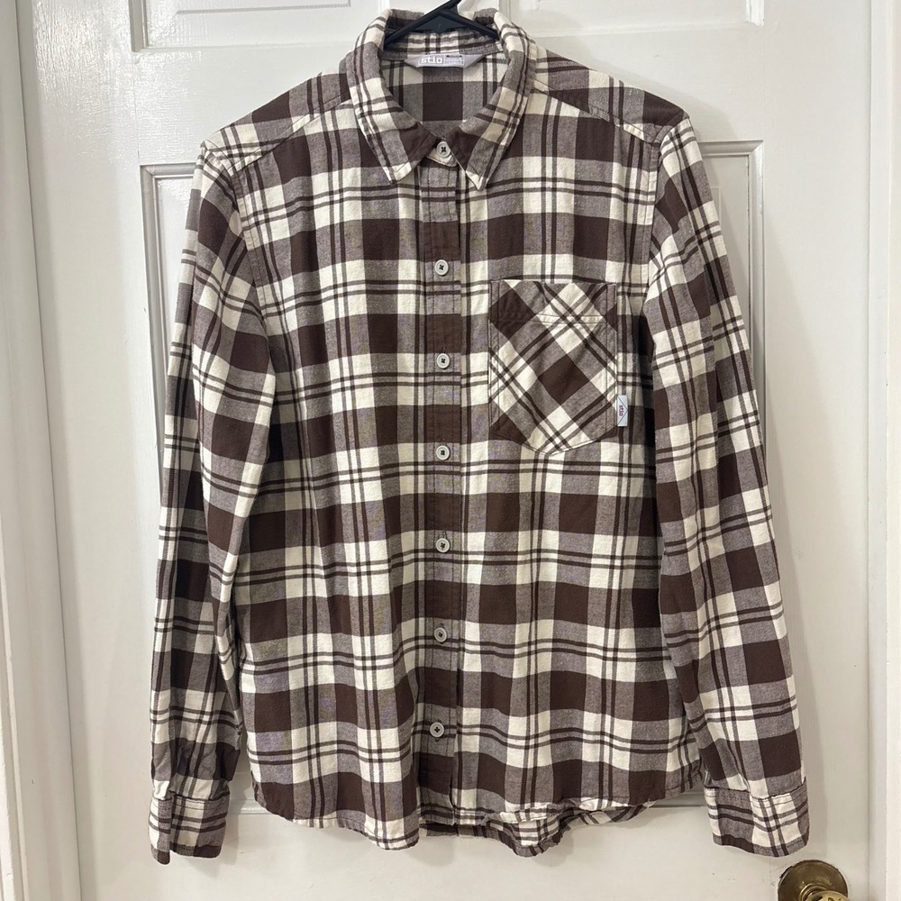Stio Organic Cotton Flannel Shirt‎ Womens S Brown Plaid Outdoor Western Cabin